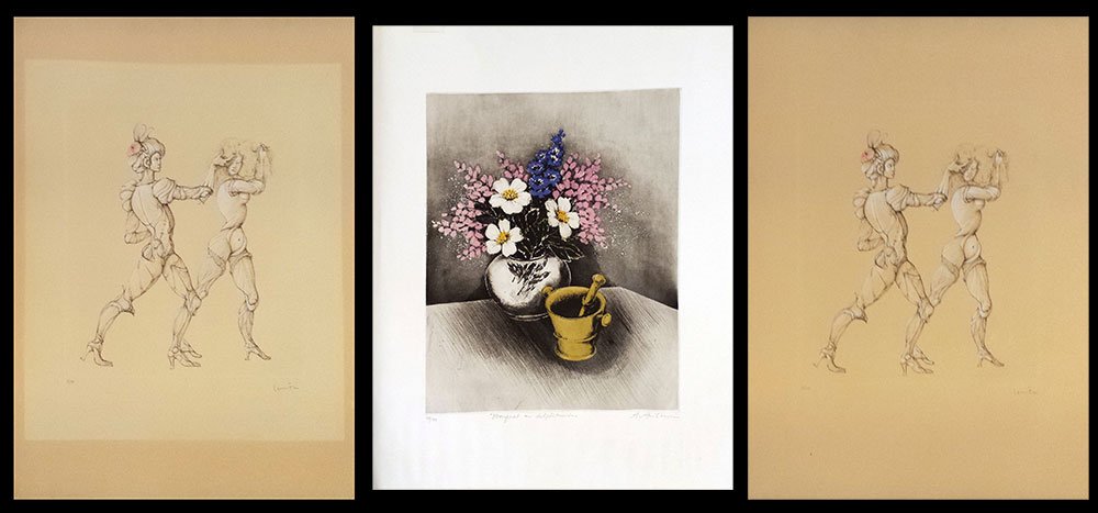 FINI, Leonor (1908-1996) & ANTONINI, Annapia (1942-): FINI, Leonor (1908-1996)Untitled (x2)LithographsSigned on the lower right: Léonor FiniNumbered on the lower left: 48/250 & 50/25075x53cm - 29.5x21" eachAlso included:ANTONINI, Annapia (1942-)"Bouquet