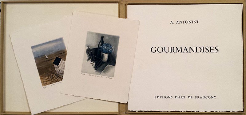 ANTONINI, Annapia (1942-): ANTONINI, Annapia (1942-)"Gourmandises"Album of 5 serigraphsSigned, numbered and titled: XX/XXVTexts by Marcel ProustDe Francony editeur, Paris, 1987