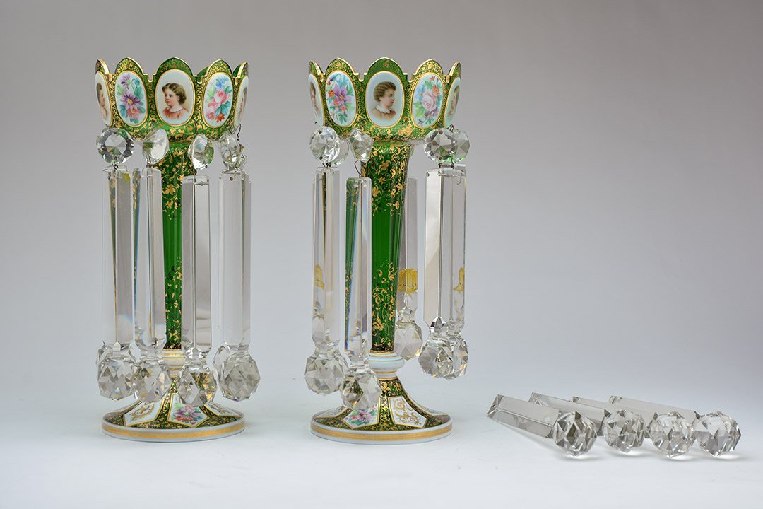 Bohemian glass: Pair of bohemain green glass vase with crystal, decorated with gilt and portrait.H: 36cm- 14''
