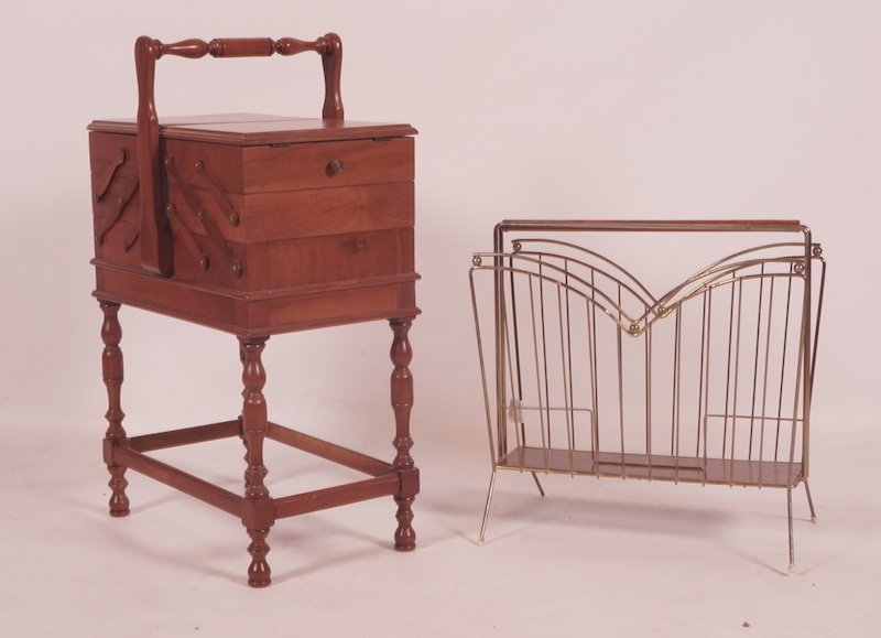 SEWING BOX-WOOD AND METAL: Wooden sewing box with gilt metal newspapers support.