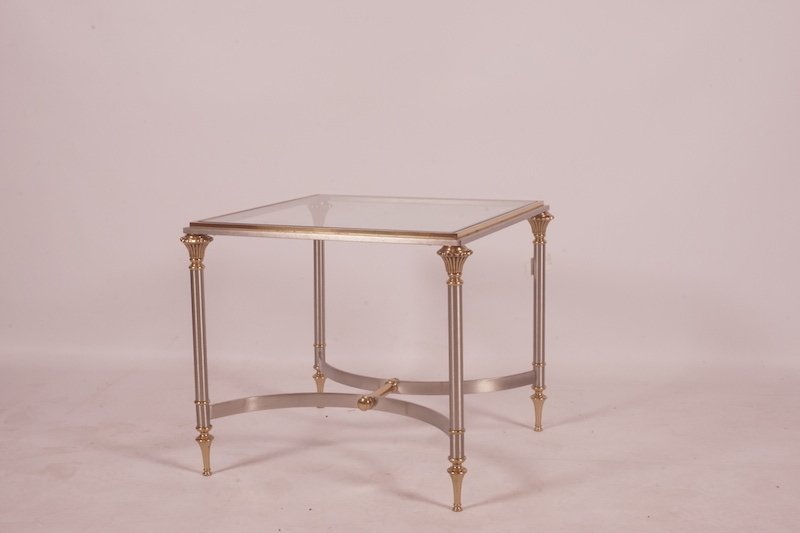 GILT METAL: Gilt metal occasional table with glass tray.