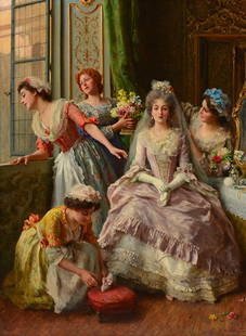 ANDREOTTI, Federico (1847-1930): ANDREOTTI, Federico (1847-1930) "Awaiting the Bridegroom" Oil on canvas Signed on the lower right: F. Andreotti Label on the reverse: Dominion Gallery Montréal, Federigo Andreotti 1847-1930, "Awaitin