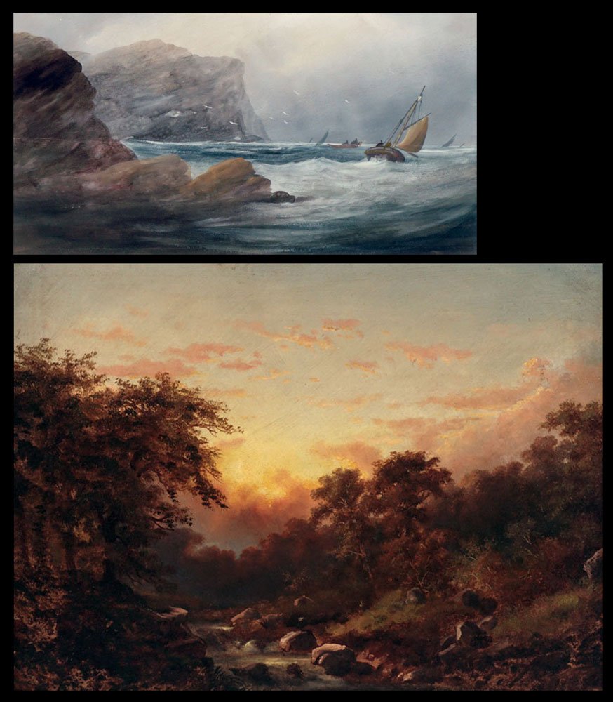 EUROPEAN SCHOOL 19th C.: EUROPEAN SCHOOL 19th C. Sunset on the woods Oil on board 36x26cm - 10x14" Also included: Sailboats Watercolour 15x28cm - 6x11"