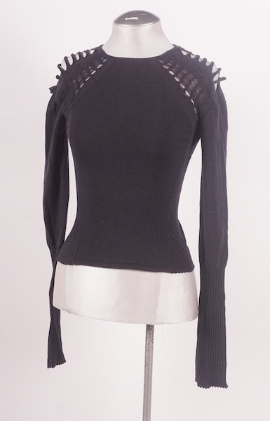 VERSACE: VERSACE Wool navy blue sweater with scalloped shoulder .