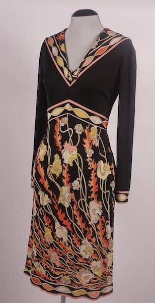 EMILIO PUCCI: EMILIO PUCCI Black silk dress decorated with flowers, size 10 .