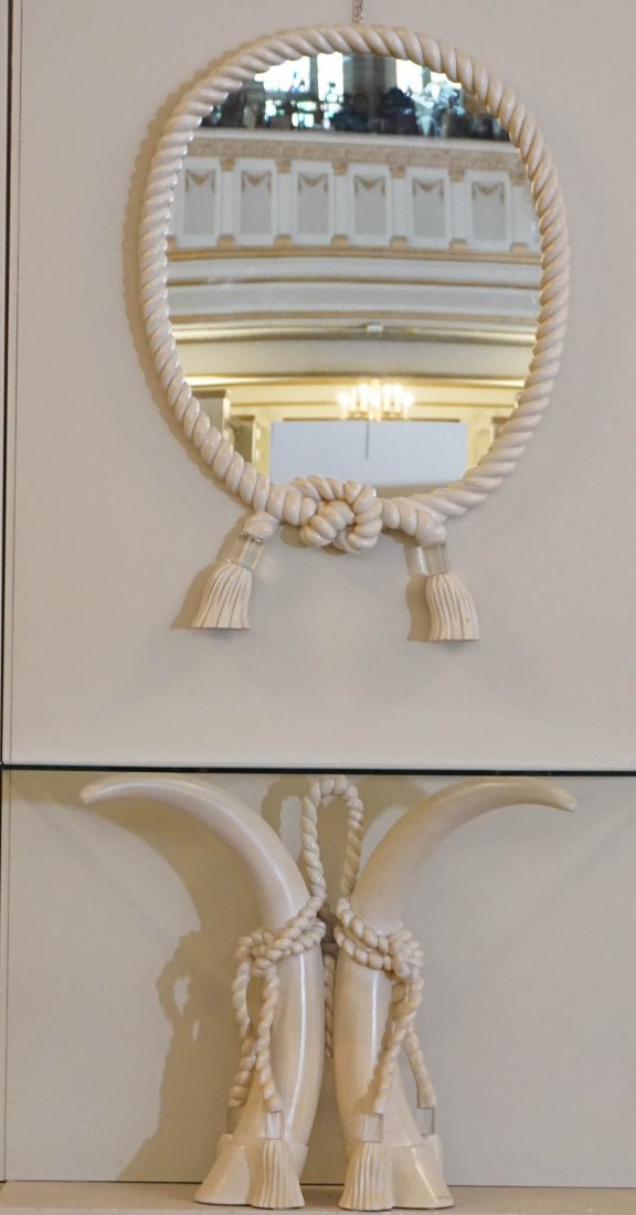 LONGONI, Sergio: LONGONI, Sergio Console table with glass tray and two wood elephant tusk-shaped legs with curtain tieback decor, we also include a wood mirror with beige (pink) patina and curtain tieback decor, signe