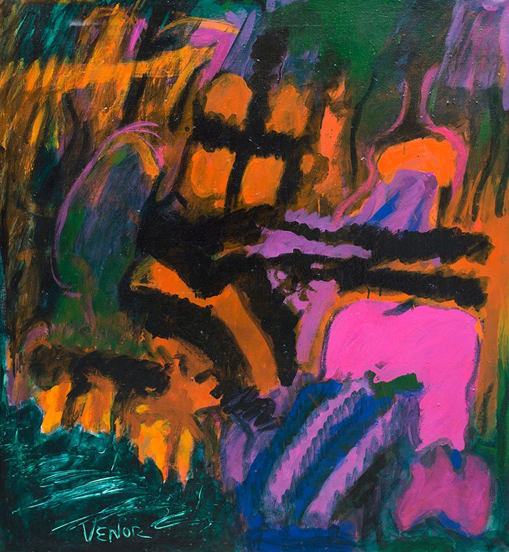 VENOR, Robert (1931-2014): VENOR, Robert (1931-2014) "Pink and black Painting" Acrylic on canvas Signed on the lower left: Venor Signed, dated and titled on the reverse: Venor 1964 122x132cm - 48x52"