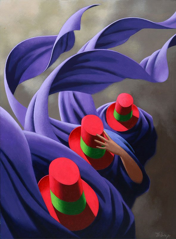 THÉBERGE, Claude (1934-2008): THÉBERGE, Claude (1934-2008) "Les chapeaux rouges" Acrylic on canvas Signed on the lower right: Théberge Titled, signed, dated and dedicated on the reverse: Paris 91 73x53cm - 28.75x21"