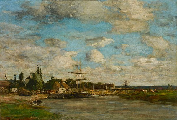BOUDIN, Eugène (1824-1898) School of: BOUDIN, Eugène (1824-1898) Ecole de "The Wharf" Oil on canvas Signed on the lower right : E. Boudin Titled and dated on the back on the Malborough gallery label : "The Wharf" 1876 32x46cm - 12.5x18