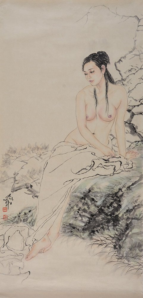 HE JIAYING (1957-): Sitting Nude Ink and watercolor on paper Signed 97 x 47.5cm - 38 x 18.75'' E: 3.000-4.000