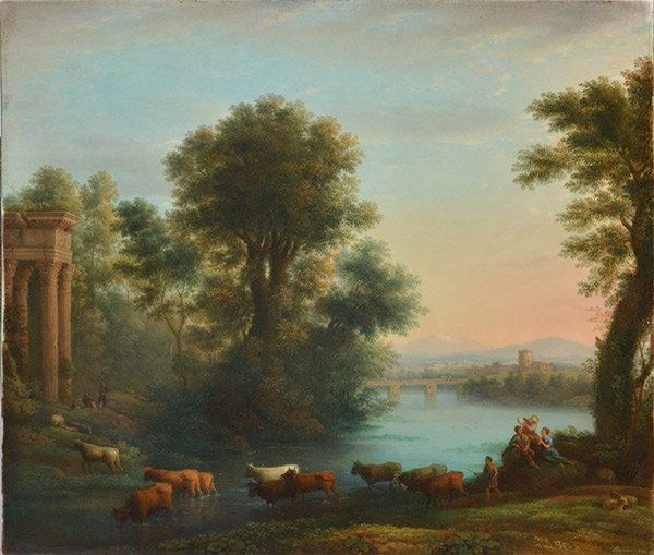 KPM - BAUER: Royal porcelain factory, Berlinoil on porcelain representing an Arcadien landscape signed on the lower right Bauer 1859 and stamped on the reverse : KPM29x34cm - 11.5x13.5"