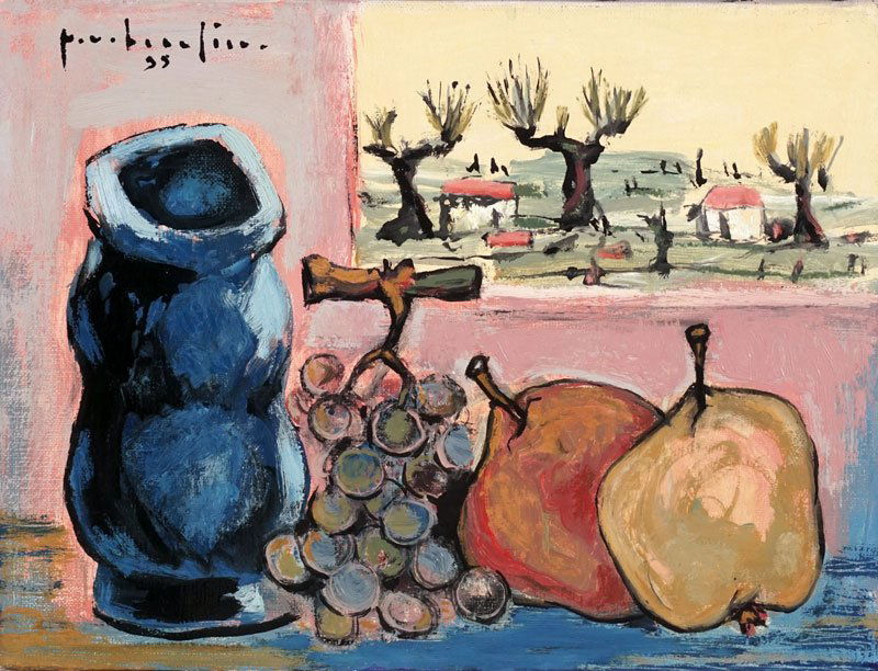 BEAULIEU, Paul Vanier (1910-1996): BEAULIEU, Paul Vanier (1910-1996)"Nature morte avec paysage"Oil on canvasSigned and dated on the upper left:P.V. Beaulieu 55Titled on the reverse on a Dominion Gallery labelInscription on the reverse