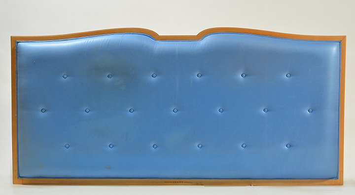 MAISON LELEU - JULES LELEU (1883-1961) & ANDRE LELEU: MAISON LELEU - JULES LELEU (1883-1961) & ANDRE LELEU (1907-1995) Wood headboard padded with blue fabric. Signed and numbered : Made in France, 26692, Leleu. Paris. 159.5x76cm - 62.75x30"