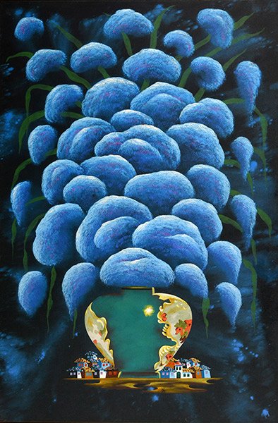 ENDARA CROW, Gonzalo (1936-1996): ENDARA CROW, Gonzalo (1936-1996) Vase and village Oil on canvas Signed and dated on the lower middle : Lpd 94 119x80cm - 46.5x31.5" Authenticity certificate delivery by the Endara Crow Foundation.