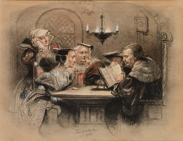 DELAROCHE, Paul (1797-1856): DELAROCHE, Paul (1797-1856) "La lecture de la Bible" Charcoal and pastel on paper Signed and dated on the lower middle : Paul Delaroche, 1828 Titled on the plate 21.5x27cm - 8.5x10.5"