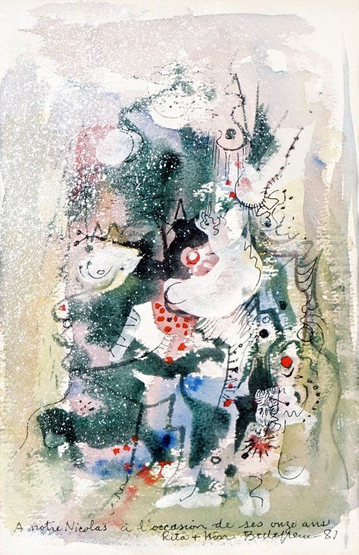 BELLEFLEUR, Léon (1910-2007): BELLEFLEUR, Léon (1910-2007) Untitled Watercolour and gouache Dedicated and dated on the bottom: "À notre Nicolas à l'occasion de ses onze ans, Rita & Léon Bellefleur" 28x18cm - 11x7"