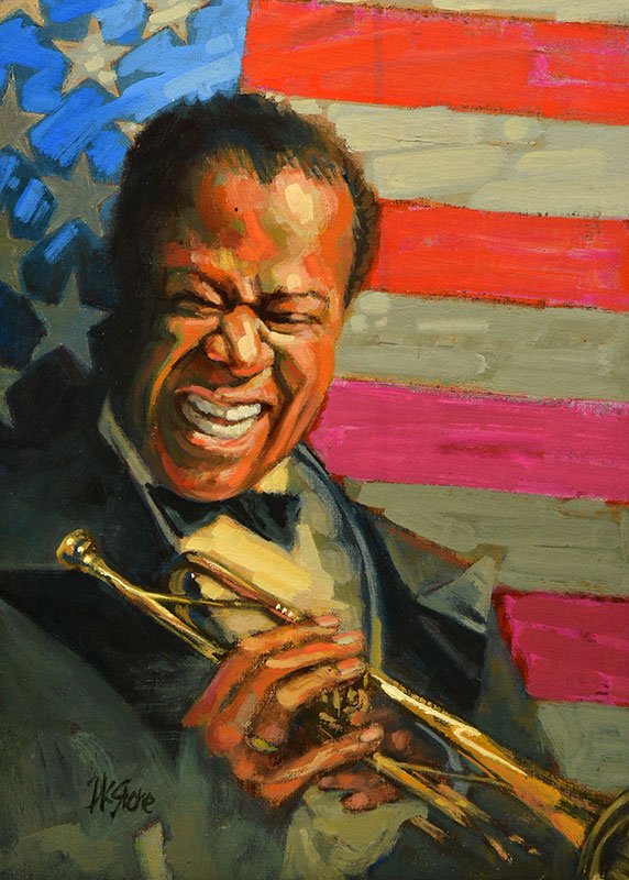 STONE, David K. (1922-2001): STONE, David K. (1922-2001) Louis Armstrong Oil on cardboard Signed on the lower left: D.K. Stone Signed and dated on the reverse: 1977 35.5x25.5cm - 14x10"