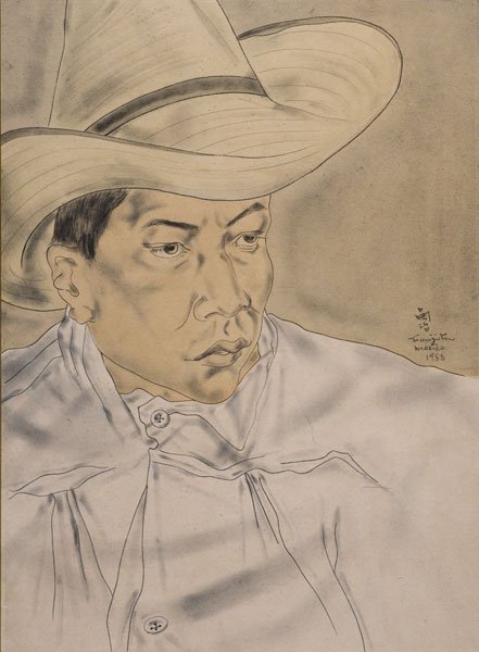 FOUJITA, Tsuguharu (1886-1968): FOUJITA, Tsuguharu (1886-1968) Portrait of a Mexican with a hat Ink and gouache on paper laid on cardboard Signed, located and dated on the lowe right: Foujita Mexico 1933 Provenance: Private collecti