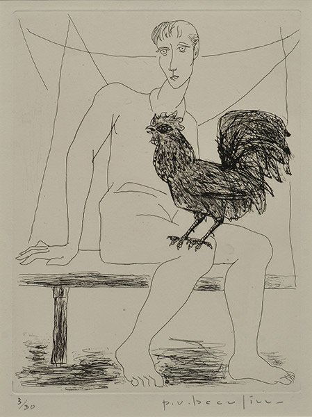 BEAULIEU, Paul-Vanier (1910-1996): BEAULIEU, Paul-Vanier (1910-1996) "Saltimbanque au coq" Etching Signed on the lower right: P.V Beaulieu Numbered on the lower left: 3/30 Titled on a label on the reverse 24x18cm - 9.5x7"