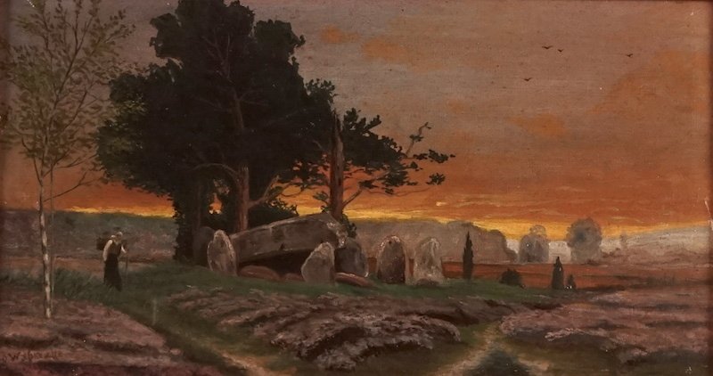 EUROPEAN SCHOOL - (Late 19th - Early 20th. C): EUROPEAN SCHOOL - (Late 19th - Early 20th. C) Sunset Oil on canvas Signed on the lower left : Wa*ke*tte 22x41cm - 8.5x16"