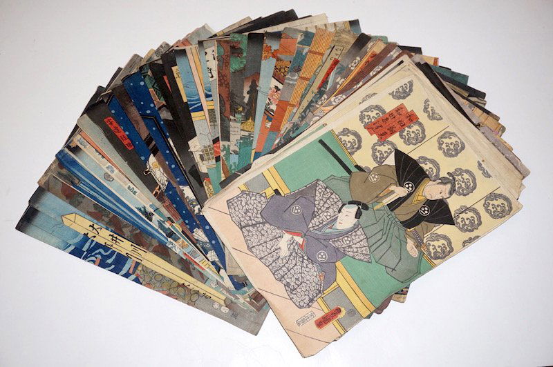 UTAGAWA TOYOKUNI III: Utagawa Toyokuni III (1786-1865): Lot of fourteen oban tate-e triptychs, portraying kabuki actors on scene, playing women and men scenes, a fireflies hunting scene and fighting scenes against phantoms