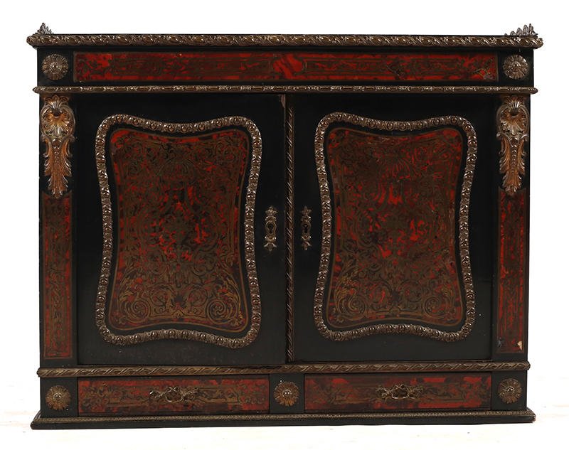 BOULLE STYLE: Upper part of a small wood buffet with dark patina, brass marquetry in the manner of d'Andre Charles Boulle and Berain, opening by two doors and two small drawers in the belt,gilt metal gallery, chute