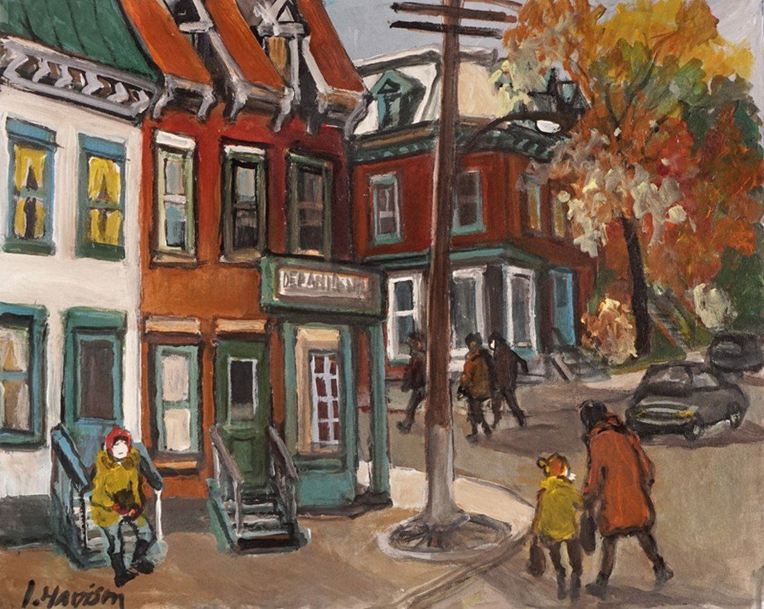 HARRISON, Ingrid (1935-): HARRISON, Ingrid (1935-) Neighbourhood life Oil on canval Signed on the lower left: I. Harrison 40.5x50.5cm - 16x19.75" EST:200-300