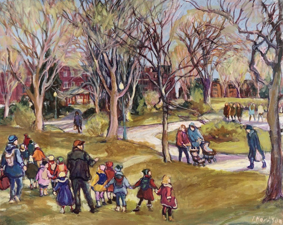 HARRISON, Ingrid (1935-): HARRISON, Ingrid (1935-) Schoolchildren walking through a park Oil on canvas Signed on the lower right: I. Harrison 61x76.5cm - 24x30" E: 400-600