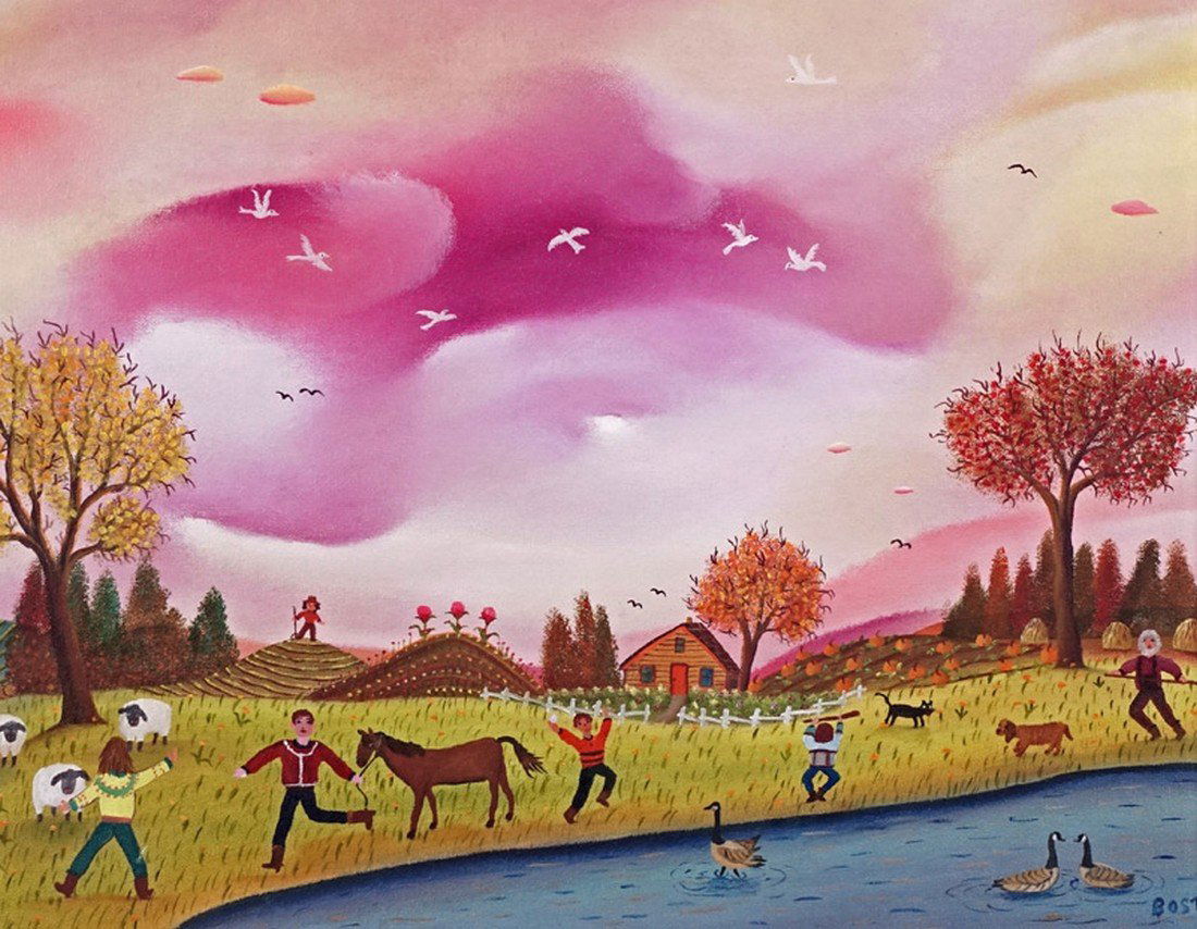 LESSARD BOST, Anne-Marie (1943-): LESSARD BOST, Anne-Marie (1943-) "Içi on est en paix" Oil on canvas Signed on the lower right: Bost Signed, titled, and dated on the reverse: Anne Marie Lessard Bost Janvier 94 35.5x46cm - 14x18" E