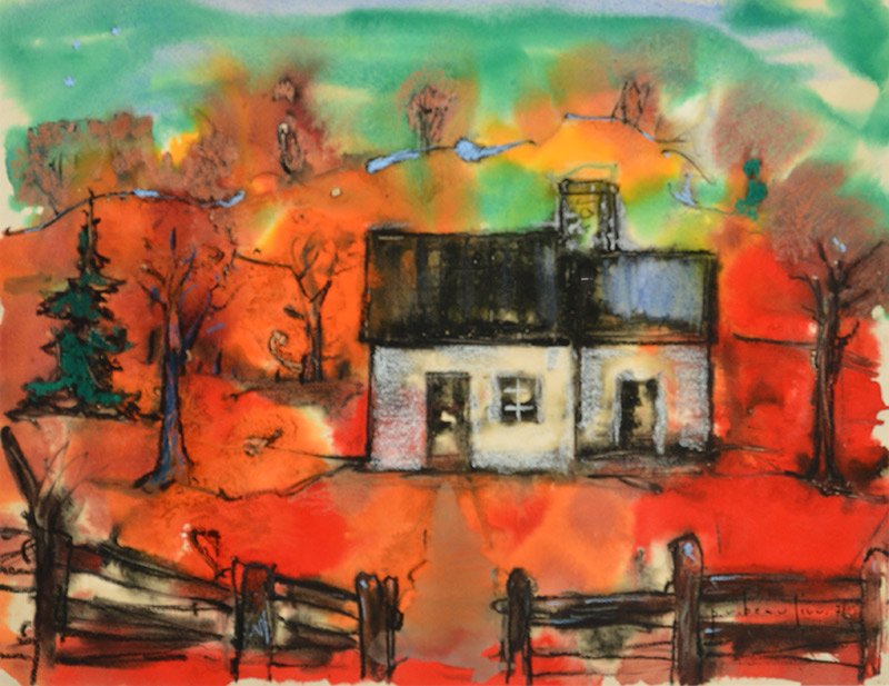 BEAULIEU, Paul-Vanier (1910-1996): BEAULIEU, Paul-Vanier (1910-1996) "Maison en automne" Watercolour and pastel Signed and dated on the lower right: P.V. Beaulieu 71 Titled on the reverse on a label 49.5x63.5cm - 19.5x25" Est: 1500