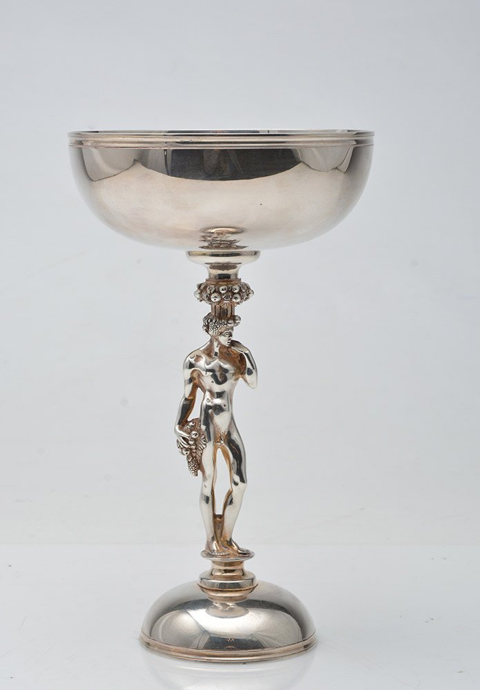 CHRISTOFLE: Christofle silver metal cul, the foot representing naked Bacchus/Dionysos, vine leaf on the head and holding grapes, fruit crown on the top. Stamp on the reverse : Christofle H : 23.5cm - 9.25"