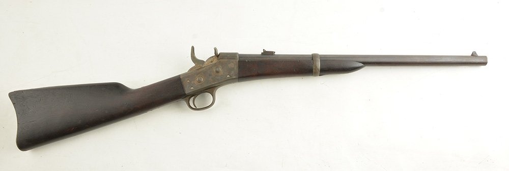 A VERY GOOD EXAMPLE of a US CAVALRY REMINGTON ROLLING B: A VERY GOOD EXAMPLE of a US CAVALRY REMINGTON ROLLING BLOCK CARBINE. Ca 187020’’ barrel carbine in 50-70 caliber CF.Bright bore with very good rifling.Barrel is a deep blue turning brown.Two posit
