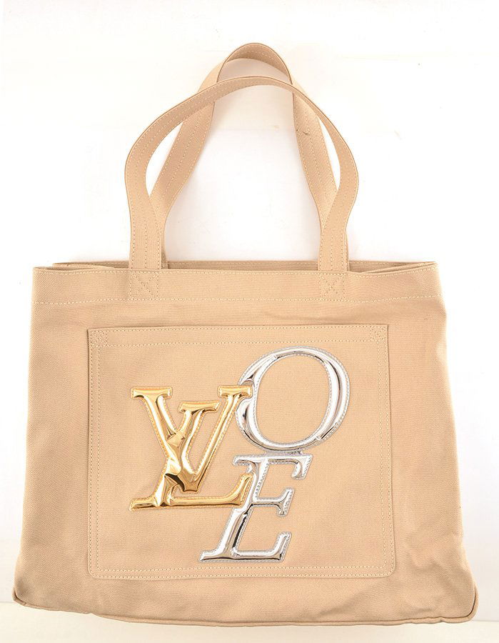 LOUIS VUITTON: LOUIS VUITTON Beige canvas shopping bag adorned with Louis Vuitton's "LOVE" logo, two canvas handles, zipped pocket inside. H: 36cm - 14" L: 58.5cm - 23"