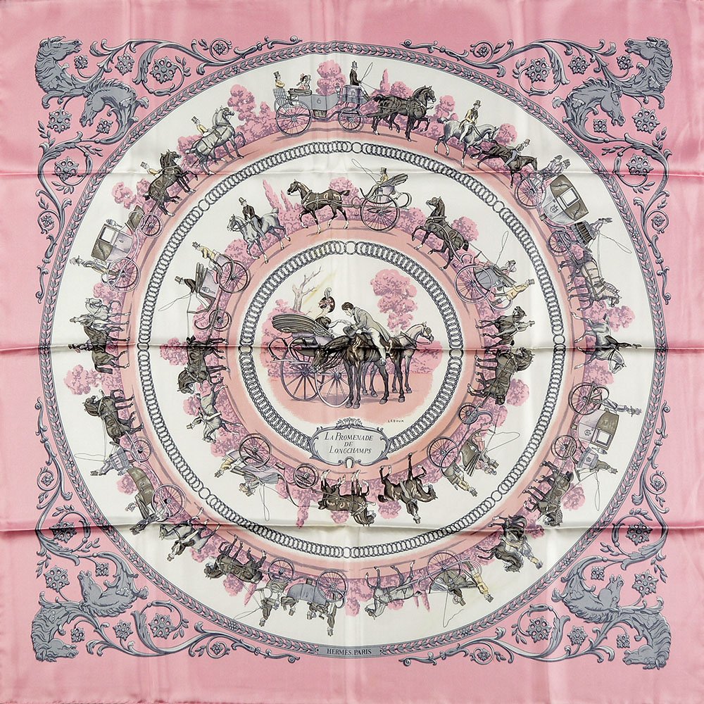 HERMÈS PARIS: HERMÈS PARIS 100% printed silk HERMES scarf, titled "La Promenade de Longchamps", signed Ledoux at the centre.