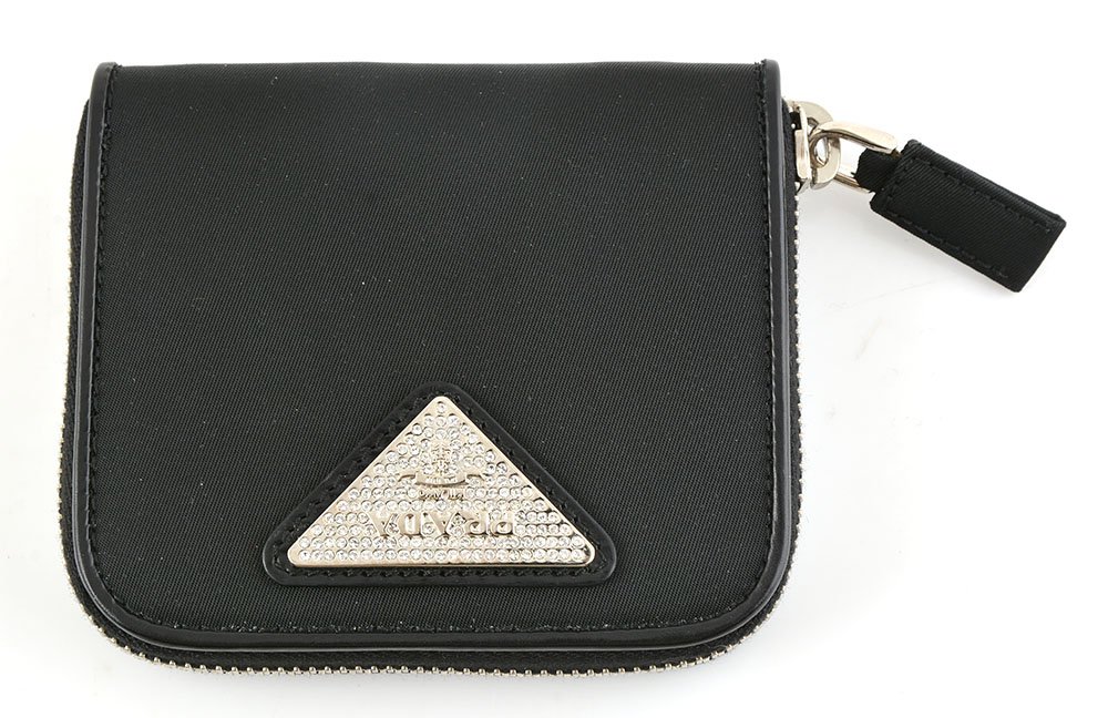 PRADA MILANO - MADE IN ITALY: PRADA MILANO - MADE IN ITALY Black nylon purse, logo adorned with rhinestones on the center, interior composed with 5 card slots and 2 money compartments. H: 9cm - 3.5" L: 10cm - 4"