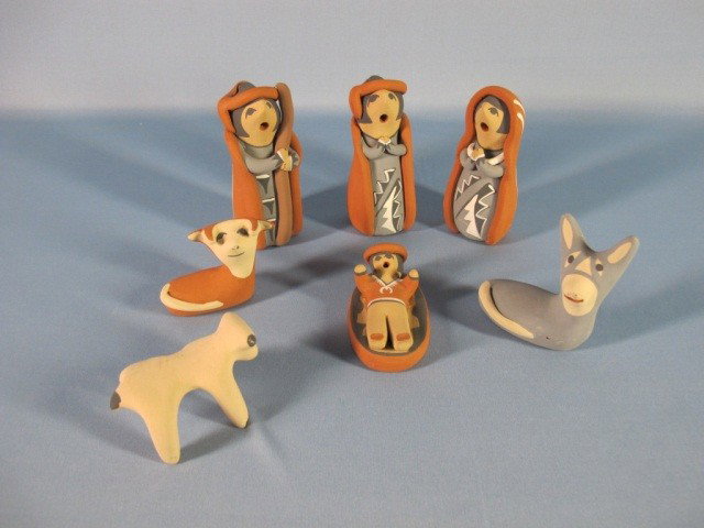 Jemez Pueblo Seven Pottery Figures Nativity Set: Seven Hand Painted Clay Figures Signed Judy Toya, Jemez. Tallest is 4 1/2". Judy Toya Was Born In 1953 And Has Been Making Pottery Since 1972. She Specializes In Storytellers, Nativity Sets, Christmas