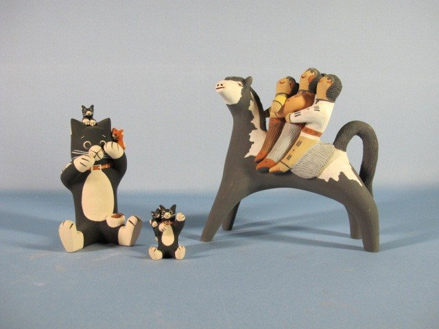 Cochiti Pueblo Pottery Figures: Horse story telling doll signed by Clifford Kim Fragua, h 7.5" by l 7"; 2 pieces Cat story telling doll signed by Dorothy Herrera, 5.5" and 2" tall.