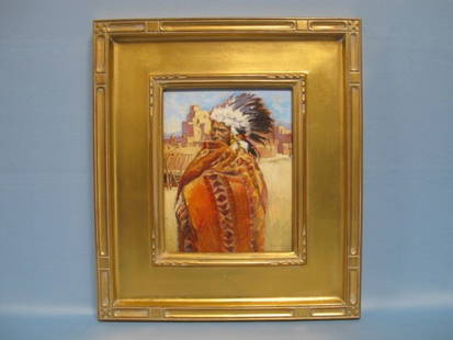 Oil on Panel by Sue Rother: Sue Rother (American, 1950), "Autumn Blue", oil on panel, signed lower right, 10 in. x 8 in., depicting Native American Chief in front of a pueblo. Comes with authenticity certificate.