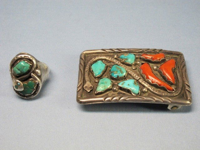 Zuni Sterling Turquoise & Coral Belt Buckle & Ring: Zuni Sterling Turquoise & Coral Belt Buckle, signed Zuni, Angie C., snake running through the buckle with 8 accents stones, 3" x 1 7/8", 2 oz. Zuni Sterling Turquoise & Coral ring, unmarked, 1 oz.