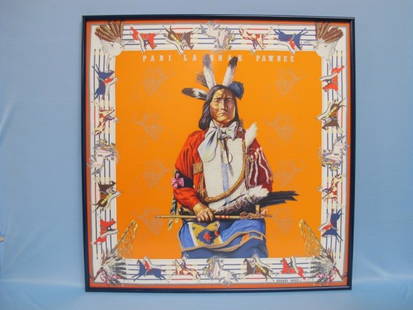 Silk Scarf, Hermes, "Pani La Shar Pawnee": Framed Silk Scarf, Hermes, "Pani La Shar Pawnee", designed in 1984 by Kermit Oliver for Hermï¿½s, 35 1/4 in. x 35 1/4 in., depicting Native American Indian chieftain and warriors on orange ground.