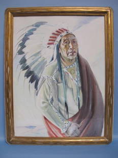 Joseph Adam Imhoff (1871 - 1955): Joseph Adam Imhoff (1871 - 1955), "Plain Indians" (Native American Sioux Chief), watercolor, signed lower right, 29 in. x 22 in., provenance: private collection, Columbus, Texas. Comes with authentici