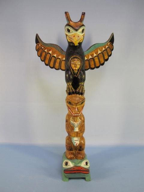 Northwest Coast Carved Totem Pole 23": Northwest Coast Alaska hand carved Totem pole, signed Paymoore, H 23".