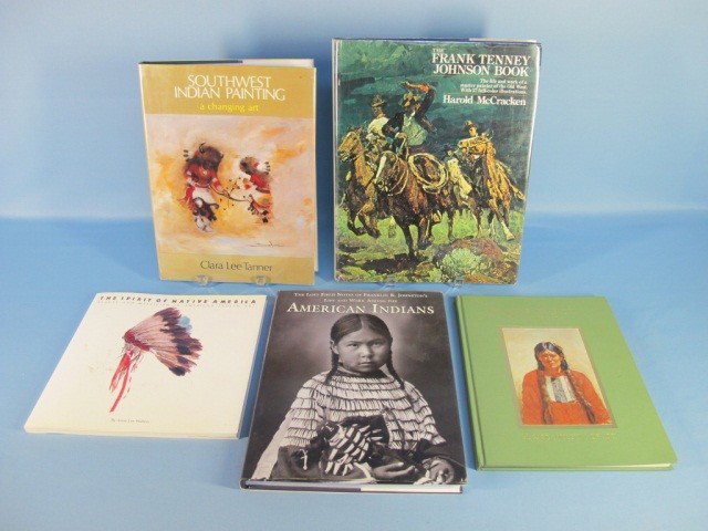 Art Books Native American Indian Paintings & Works: Lot of Five Books: 1. The McKee Collection of Paintings, Hardcover Quarto. Green cloth gilt with pictorial color plate. 67pp. Catalogue for an exhibition of work by Ted De Grazia, Tom Lea, Gisella Loe