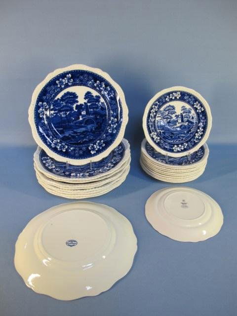 22 Plates "Spode's Tower" Copeland Blue & White: 22 Plates "Spode's Tower" Design, Copeland, Blue & White: 9 Dinner Plates 10 3/4" D with older marks 1920's-1950's(one has chip on the rim) 1 Dinner Plate with modern mark; 12 Salad Plates 7 3/4" D wi
