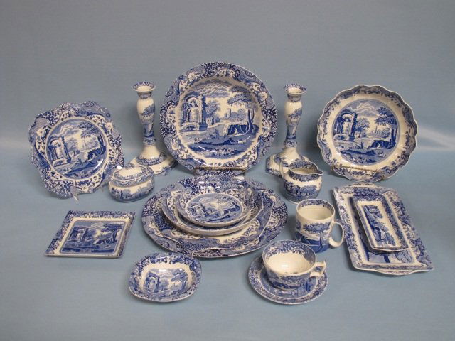 93 PSC Spode "Italian Design" Blue & White China: 93 PSC Spode England "Italian Design" Blue & White Chinaware, consisting of 8 Dinner Plates 10 1/2"D, 8 Saucers with 8 Tea Cups, 12 Appetizer Plates 6 1/4"D, 6 Mugs, 1 Milk Pitcher, 1 Sugar Bowl w/lid