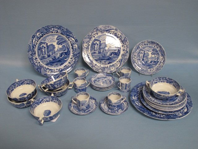28 PC Copeland Spode's Italian Design Blue & White: 28 PC Copeland England Spode's Italian Design Blue & White China. Assorted Set, most of the items are marked with blue stamp and are dating to 1920's-1940's. 2 Large Plates 10 1/2"D (c.1926,1927), 1 P