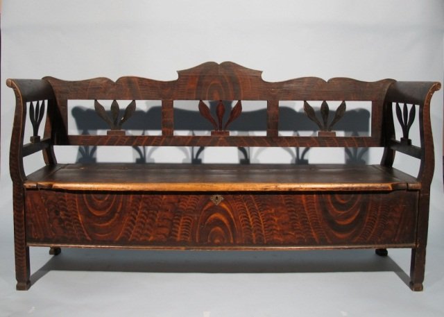 Fine Grain Painted 19th C. Bench/Chest: Fine grain painted Antique bench or Settee, Most probably Texas Origin, Having a Lift Top Storage Compartment, Circa mid 1800's, original finely executed grain painted decoration on yellow pine constr