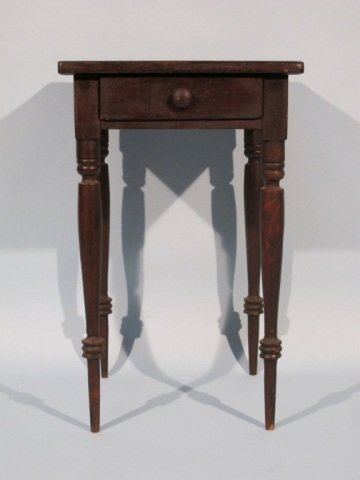 Antique Pennsylvania Sheraton Poplar End Table: Antique Pennsylvania Sheraton Style Poplar End Table with One Drawer, Mid 19th Century, square top on well carved and turned legs, 29 1/4" Ht x 17 3/4"W.
