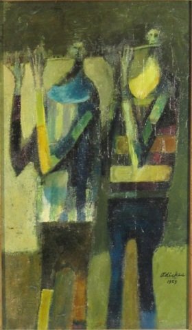 Oil on Canvas by David Adickes: David Pryor Adickes, Born in 1927, Texas, untitled, 1960, signed an dated lower right, oil on board, canvas size 21 in. x 12 in., frame size 26.5 in x 18 in., provenance private collection from Housto