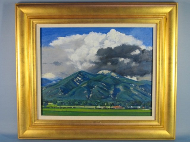 Oil on Canvas by Ben Bassham: Ben Bassham, Taos New Mexico, "Storm Over Taos Mountain", Oil on Canvas, signed lower left, 16 in. x 20 in., frame 23.75 in. x 27.75 in. provenance: private collection, Columbus, Texas.